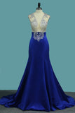 2024 Satin Mermaid V Neck Beaded Bodice Prom Dresses Sweep Train