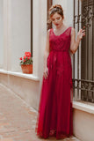 Elegant V Neck Burgundy Beads Appliques Lace Evening Dresses, Long Prom Dresses STK15211