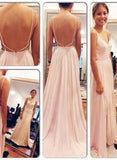 Backless Spaghetti Straps V-Neck Pink Open Back Chiffon Evening Gowns