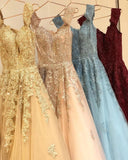 Charming Off the Shoulder Lace Appliques Gold Prom Dresses, Long Party Dresses STK15115