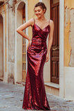 Sexy Spaghetti Straps Burgundy Sequins V Neck Party Dresses Mermaid Prom Dresses STK15358