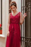 Elegant V Neck Burgundy Beads Appliques Lace Evening Dresses, Long Prom Dresses STK15211