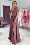 Pretty Off The Shoulder Spaghetti Straps Long Elegant Prom Dresses With Split