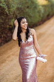 Sparkly Spaghetti Straps Rose Gold V Neck Prom Dresses with Sequins, Dance Dresses STK15537