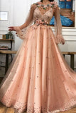 Charming A Line Long Sleeve Long Party Dresses Flowers Tulle Beads Formal Dresses STK15090