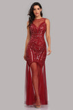 See Through Burgundy Mermaid Bateau Prom Dresses with Beading Tulle Party Dresses STK15324