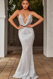 Sexy Mermaid Deep Neck Halter Backless Sequins Prom Dresses Long Formal Dresses STK15338