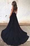 Simple Deep V Neck Black Backless Prom Dresses with Pockets, Long Formal Dresses STK15390