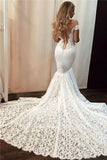 Sexy Off the Shoulder Lace Mermaid Ivory Wedding Dresses, Long Bridal Dresses STK15344