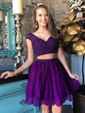 A Line Two Pieces V Neck Beads Burgundy Lace Short Prom Dresses Homecoming Dresses