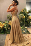 Charming Gold Sequins V Neck A Line Backless Prom Dresses, Formal STK15627