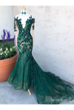 Dark Green See Through Prom Dresses With Sleeves Illusion Neck Party Dresses