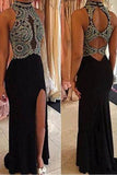 Black Open Back Halter Sleeveless Beads Mermaid Side Slit Cheap Prom Dresss