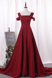 2024 Straps Satin A Line Evening Dresses Sweep Train Zipper Up