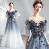 A Line Half Sleeves Tulle Long Ombre Prom Dress with Appliques Blue Evening Dresses STK15001