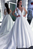 A Line Round Neck White Prom Dresses Bowknot Satin Wedding Dresses SRS15022