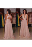 2024 Evening Dresses V Neck Open Back Chiffon With Ruffles P1AFSL93