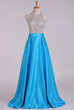 2024 Open Back Halter Beaded Bodice Prom Dresses Satin Floor-Length