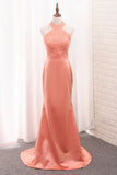 2024 Satin Mermaid Halter Bridesmaid Dresses With Applique Sweep Train