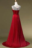 A Line O-neck Beading Long Satin Prom Dresses Evening Dresses