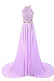 Halter Applique Open Back Long Chiffon Prom Dresses Evening Dresses