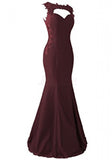 Burgundy Applique Long Mermaid Prom Dresses Evening Dresses