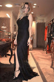 V-neck Black Lace Long Split Prom Dresses Evening Dresses