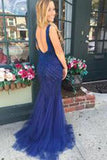 V-neck Beading Backless Long Mermaid Prom Dresses Evening Dresses