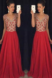 Red V-neck Beading Bodice Long Chiffon Prom Dresses Evening Dresses