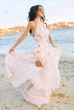 Boho Halter Backless Light Pink Chiffon Beach Wedding Dresses with Appliques Ruffles STK15082