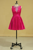 2024 Scoop A Line Short Homecoming Dresses Taffeta Beaded With Ribbon Fuchsia