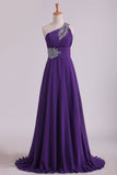 2024 New Arrival Prom Dresses One Shoulder Chiffon A Line With Beading