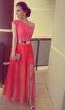 A Line Red One Shoulder Chiffon Lace Long Side Slit Gold Belt Prom Dresses