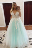 Charming Ball Gown V Neck Tulle Lace Appliques Prom Dresses, Evening STK20397