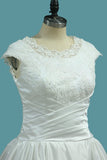 2024 Scoop Cap Sleeve Wedding Dresses A Line Satin With Ruffles And P17FS4Y2