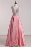 2024 Taffeta Prom Dresses V Neck Beaded Bodice A PT158LGQ