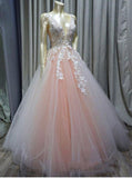 Charming Ball Gown V Neck Tulle Lace Appliques Prom Dresses, Evening STK20397