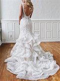 Stunning Mermaid Lace V Neck Backless Wedding Dresses Straps Wedding Gowns STK15438