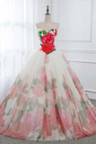 Ball Gown Floral Satin Long Tulle Evening Dresses with Lace up, Sweetheart Red Prom Dresses SRS15057