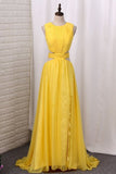 2024 New Arrival Prom Dresses A Line Tulle Scoop With Ruffles PSKGT7FE