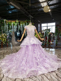 Ball Gown Lace Appliques Cap Sleeves Long Prom Dresses, Quinceanera STK20480