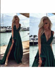 2024 V Neck A Line Satin Prom Dresses With Slit Sweep Train