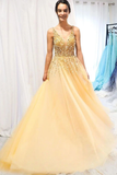 A Line Floor Length Tulle Prom Dress With Sequins Cheap V Neck Long Formal STKP1NJG7JC