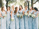 Mermaid Lace Baby Blue V Neck Bridesmaid Dresses for Wedding STK20425