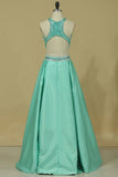 2024 Satin Prom Dresses Scoop Beaded Bodice Open Back A Line PMHLDJED