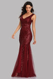 Sexy Burgundy Tulle V Neck Mermaid Sequin Prom Dresses, Evening Party Dresses STK15332