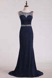 2024 Prom Dresses Scoop Column Sweep Train Spandex With Beads