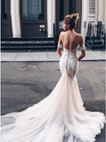 Charming Mermaid Sweetheart Backless Tulle Wedding Dresses with Lace Appliques STK15111