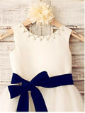 Ivory A-line Scoop Sleeveless Bowknot Tea-Length Tulle Flower Girl Dresses With Belt