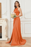 Column Halter Soft Satin Bridesmaid Dress with Pockets